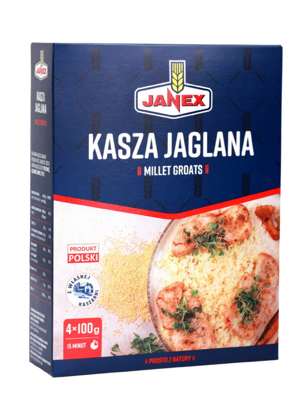 Janex Kasza Jaglana 4x100g kasza jaglana w opakowaniu, produkt polski, gotowa w 15 minut, z własnej kaszarni, na granatowym tle z obrazem potrawy z kaszy i mięsa.