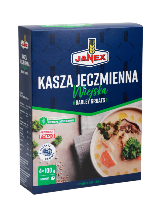 Janex Kasza Jęczmienna Wiejska w opakowaniu 4x100g, naturalne źródło błonnika, polski produkt, kasza jęczmienna do gotowania w 15 minut.
