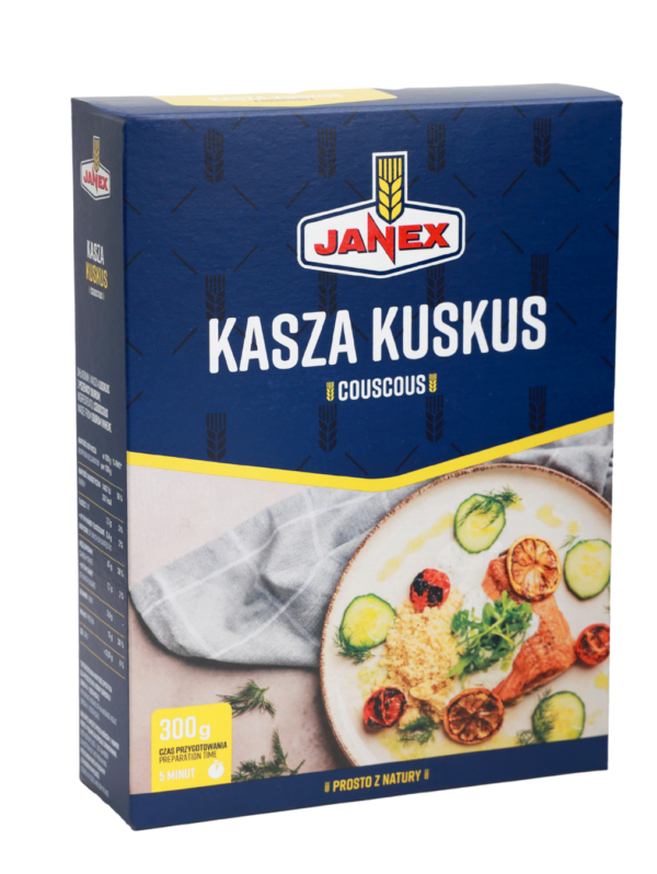Janex Kasza kuskus w kartonowym opakowaniu 300 g, czas przygotowania 5 minut, produkt z naturalnych składników, na opakowaniu zdjęcie podanego dania z kuskusem i warzywami.