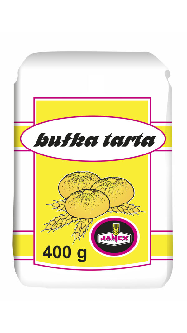 Bułka tarta Janex w opakowaniu 400 g, produkt polski, tradycyjny wypiek, opakowanie papierowe z nadrukiem w kolorze żółto-granatowym.