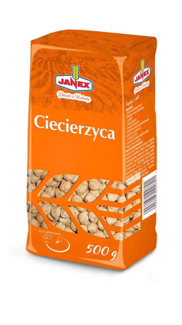 Janex Ciecierzyca 500 g w opakowaniu z widocznymi ziarnami ciecierzycy, czas gotowania 90 minut, tekst w języku polskim i angielskim.