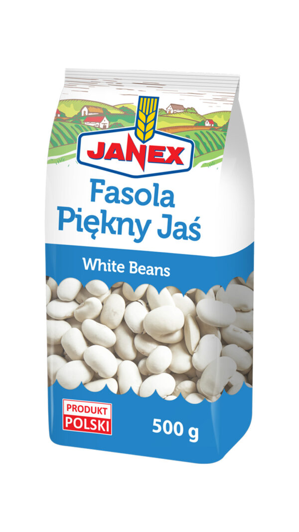 Janex Fasola Piękny Jaś biała fasola w opakowaniu 500 g, produkt polski, z widocznym napisem White Beans i grafiką zielonych pól na górze opakowania.