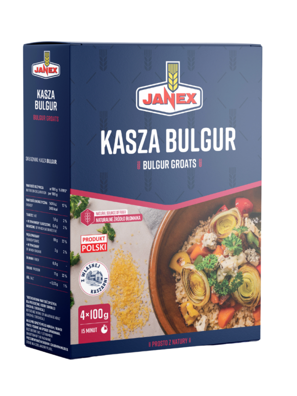 Janex Kasza Bulgur 4x100g, kasza bulgur w opakowaniu kartonowym, naturalne źródło błonnika, produkt polski, czas przygotowania 15 minut.