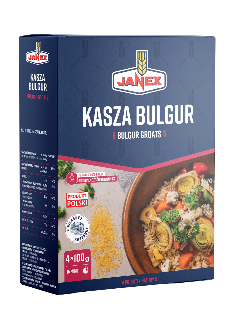 Janex Kasza Bulgur 4x100g, kasza bulgur w opakowaniu kartonowym, naturalne źródło błonnika, produkt polski, czas przygotowania 15 minut.