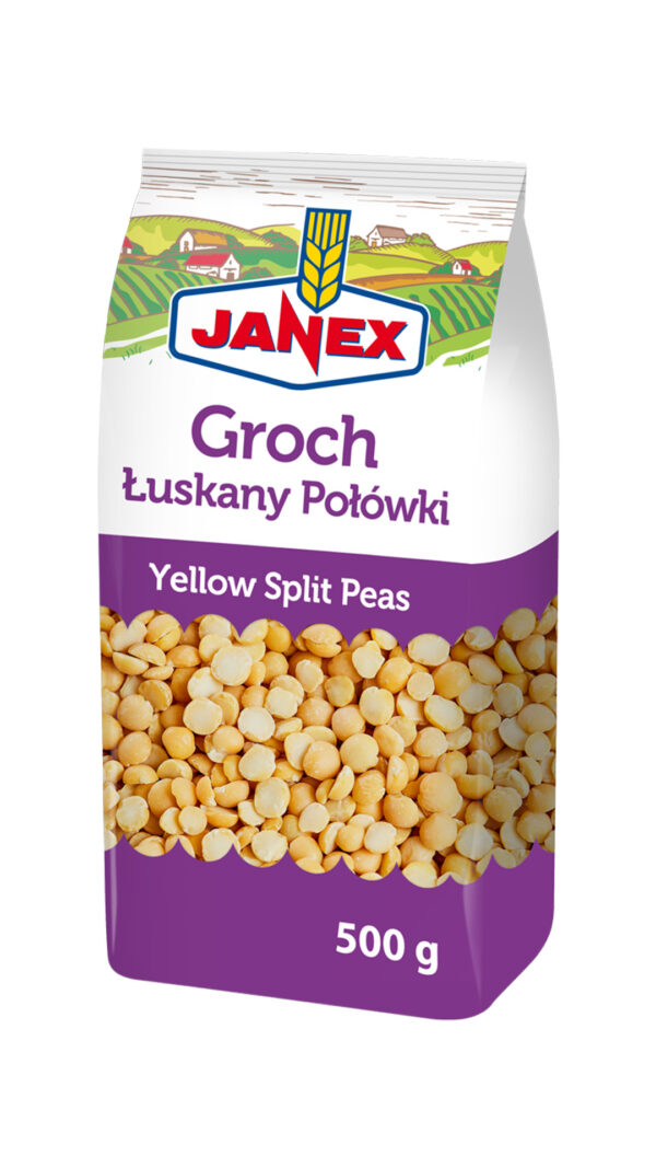 Janex Groch łuskany połówki 500 g, żółty groch łuskany w opakowaniu foliowym z nadrukiem krajobrazu i logo marki Janex.