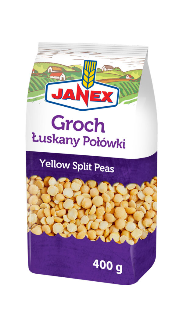 Janex Groch łuskany połówki 400 g, żółty groch łuskany w opakowaniu papierowym z nadrukiem krajobrazu i logo marki.