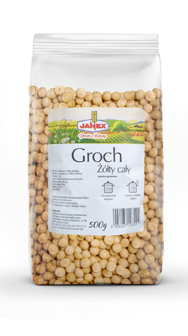 Janex Groch żółty cały w przezroczystym opakowaniu 500g z instrukcją przygotowania i logo marki Janex na etykiecie.