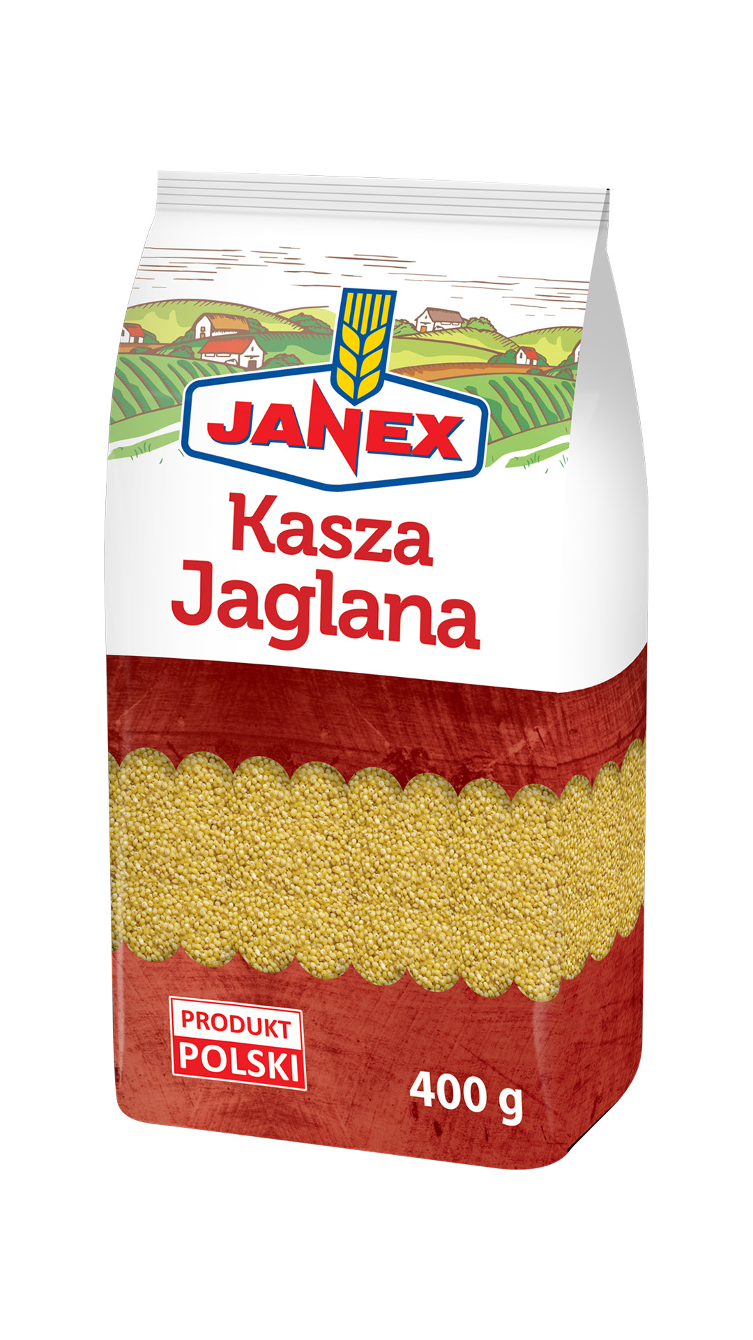 Janex Kasza Jaglana w opakowaniu 400 g, polski produkt, kasza jaglana w torebce z widocznym ziarnem i grafiką pola na górze opakowania.