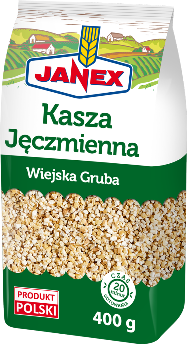 Janex Kasza Jęczmienna Wiejska Gruba 400 g, kasza jęczmienna gruba w zielono-białym opakowaniu, produkt polski, czas gotowania 20 minut.
