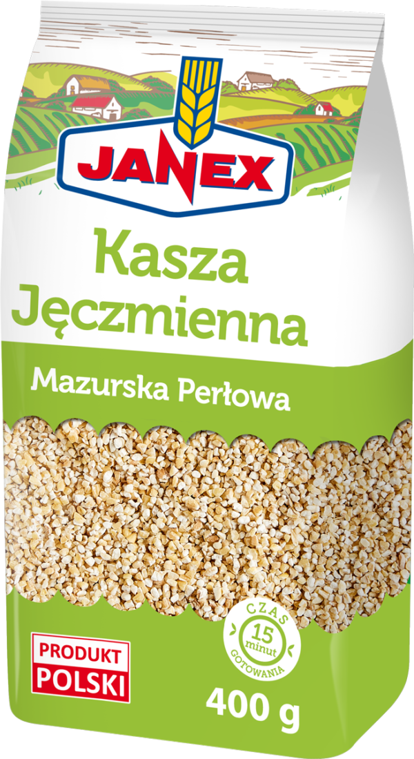Janex Kasza Jęczmienna Mazurska Perłowa 400 g, kasza jęczmienna perłowa, polski produkt, czas gotowania 15 minut, opakowanie foliowe.