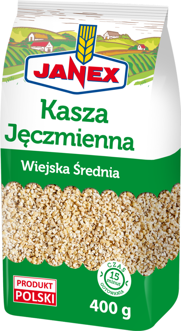 Janex Kasza Jęczmienna Wiejska Średnia 400 g, kasza jęczmienna w zielono-białym opakowaniu, polski produkt, czas gotowania 15 minut.
