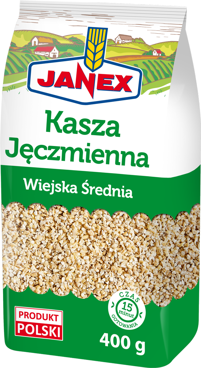 Janex Kasza Jęczmienna Wiejska Średnia 400 g, kasza jęczmienna w zielono-białym opakowaniu, polski produkt, czas gotowania 15 minut.