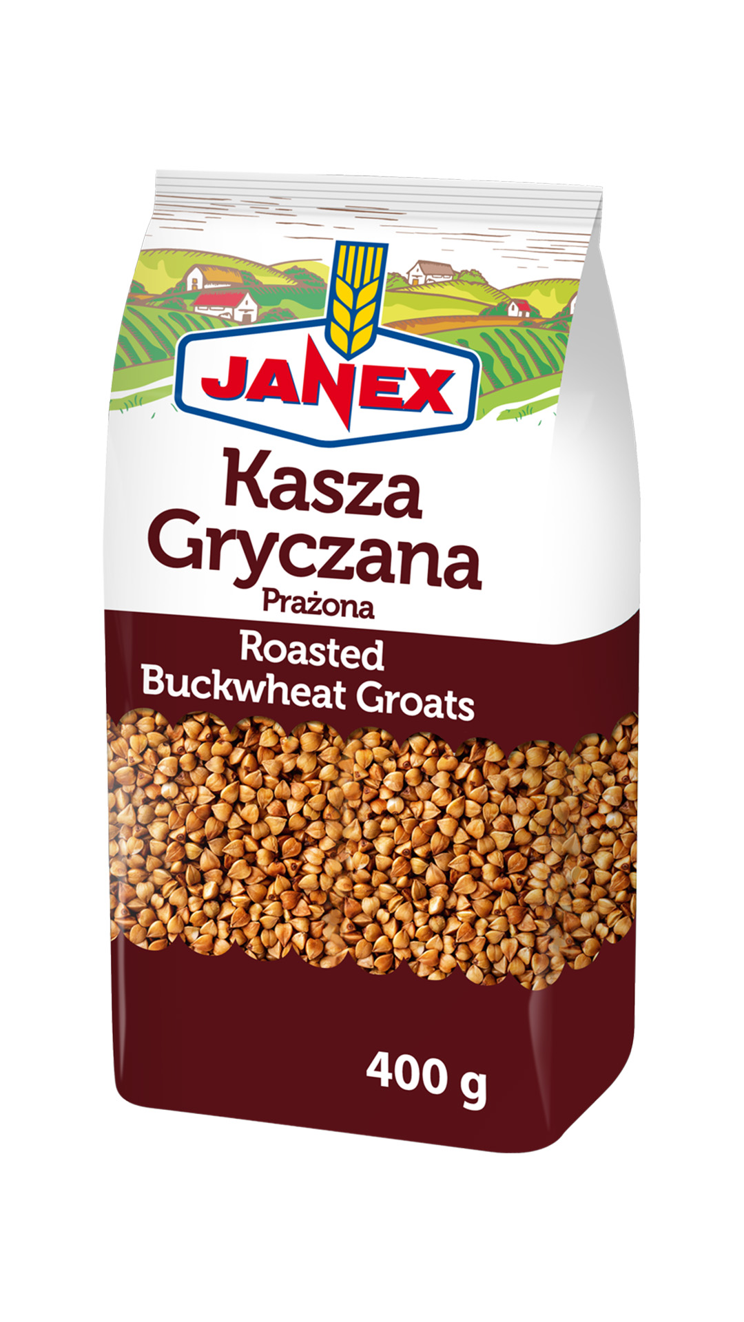 Janex Kasza Gryczana Prażona 400 g, opakowanie z prażoną kaszą gryczaną w formie ziaren, napis w języku polskim i angielskim, widoczny krajobraz wiejski na górze opakowania.