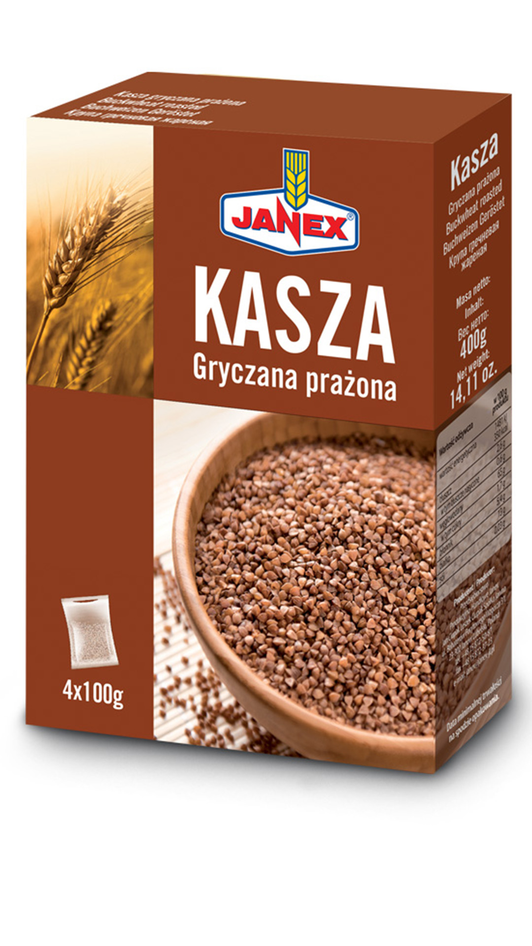 Kasza gryczana prażona Janex w opakowaniu 4x100g, naturalne źródło błonnika, produkt polski, czas gotowania 15 minut, roasted buckwheat groats.
