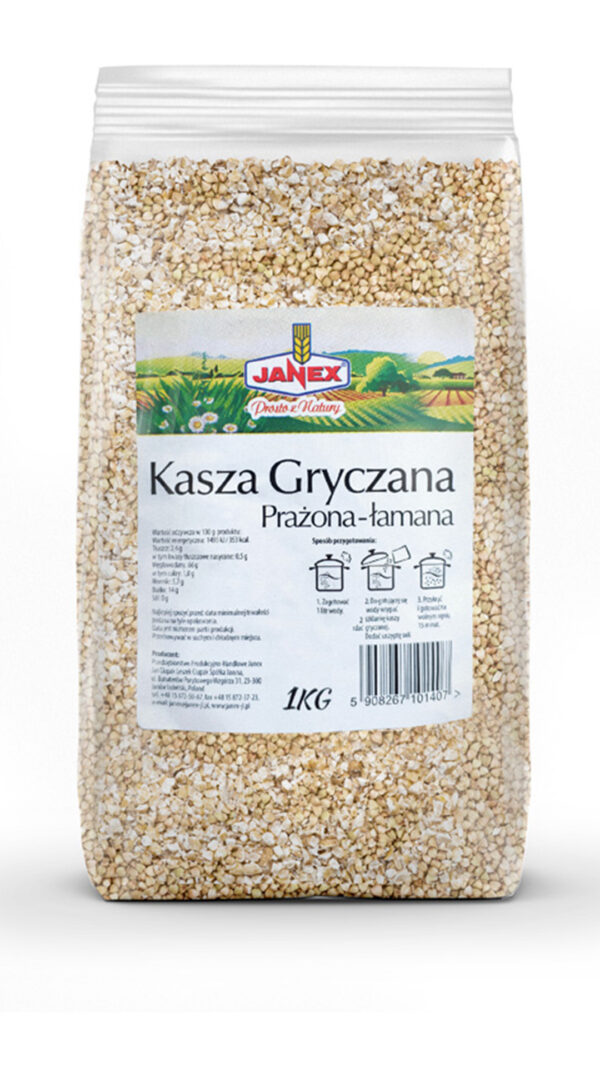 Janex Kasza Gryczana Prażona-łamana w przezroczystym opakowaniu o wadze 1 kg, z instrukcją przygotowania i logo marki Janex na etykiecie.