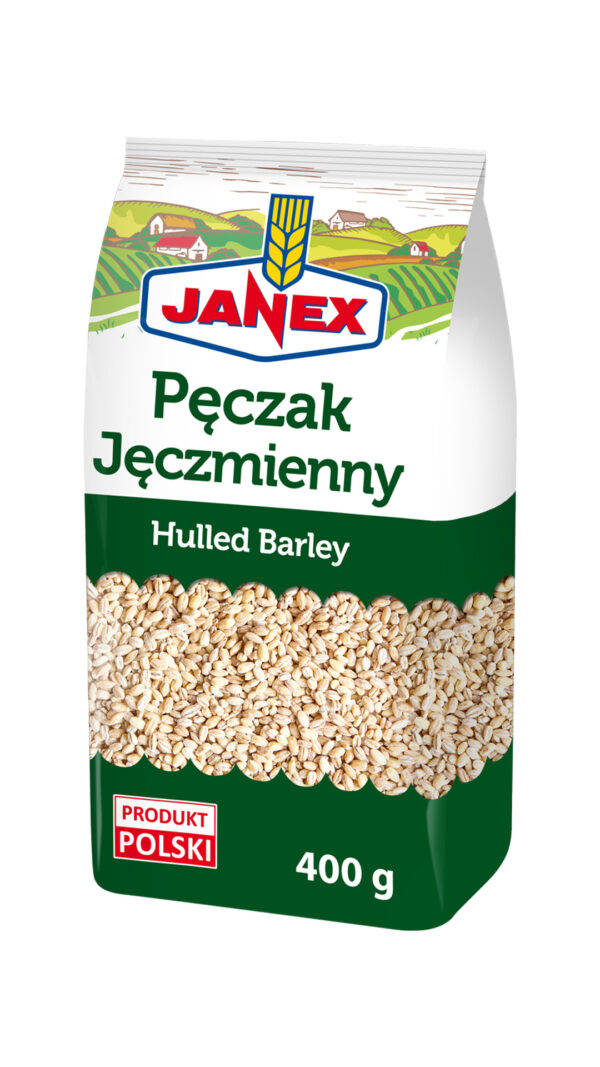 Janex Pęczak Jęczmienny hulled barley w opakowaniu 400 g, produkt polski, z grafiką pól i domów na górze opakowania.