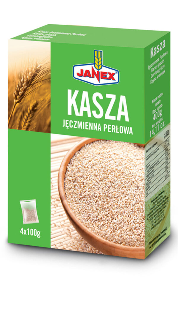 Janex Kasza Jęczmienna Pętlowa 4x100g, naturalne źródło błonnika, polski produkt, kasza jęczmienna perłowa w opakowaniu kartonowym, czas gotowania 15 minut.