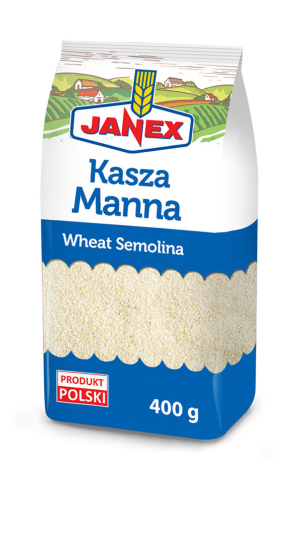 Janex Kasza Manna Wheat Semolina w opakowaniu 400 g, produkt polski, pszenna kasza manna w niebiesko-białym woreczku z nadrukiem krajobrazu polskiej wsi.