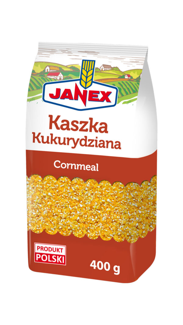 Kaszka kukurydziana Janex w opakowaniu 400 g, polski produkt, z widocznym zbożem i logo marki na białym i pomarańczowym tle.