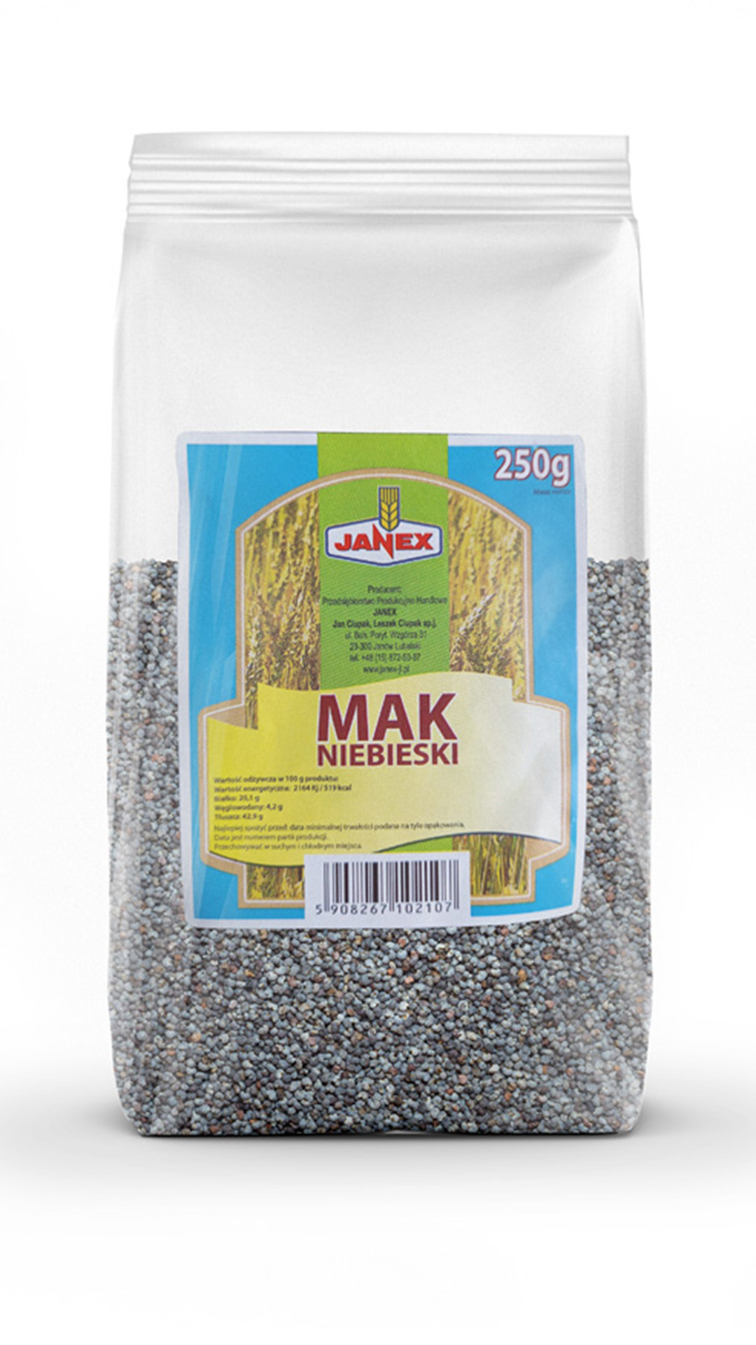 Janex mak niebieski w przezroczystym opakowaniu 250 g, nasiona maku do wypieków i potraw, etykieta z informacją o producencie i składzie.