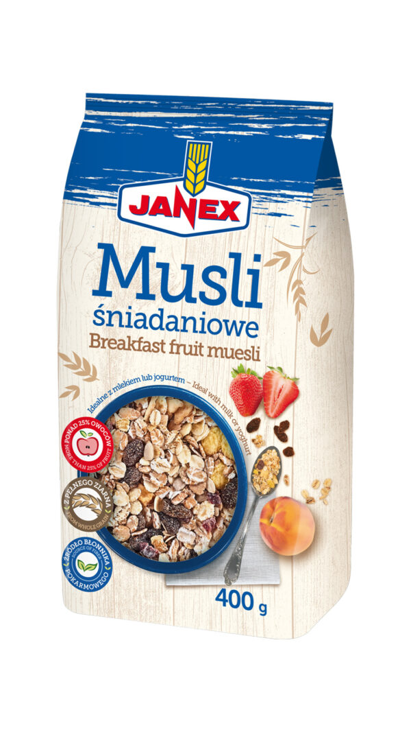 Janex Musli śniadaniowe Breakfast fruit muesli w opakowaniu 400 g z owocami, truskawkami i brzoskwinią, z certyfikatami jakości i zdrowego ziarna.