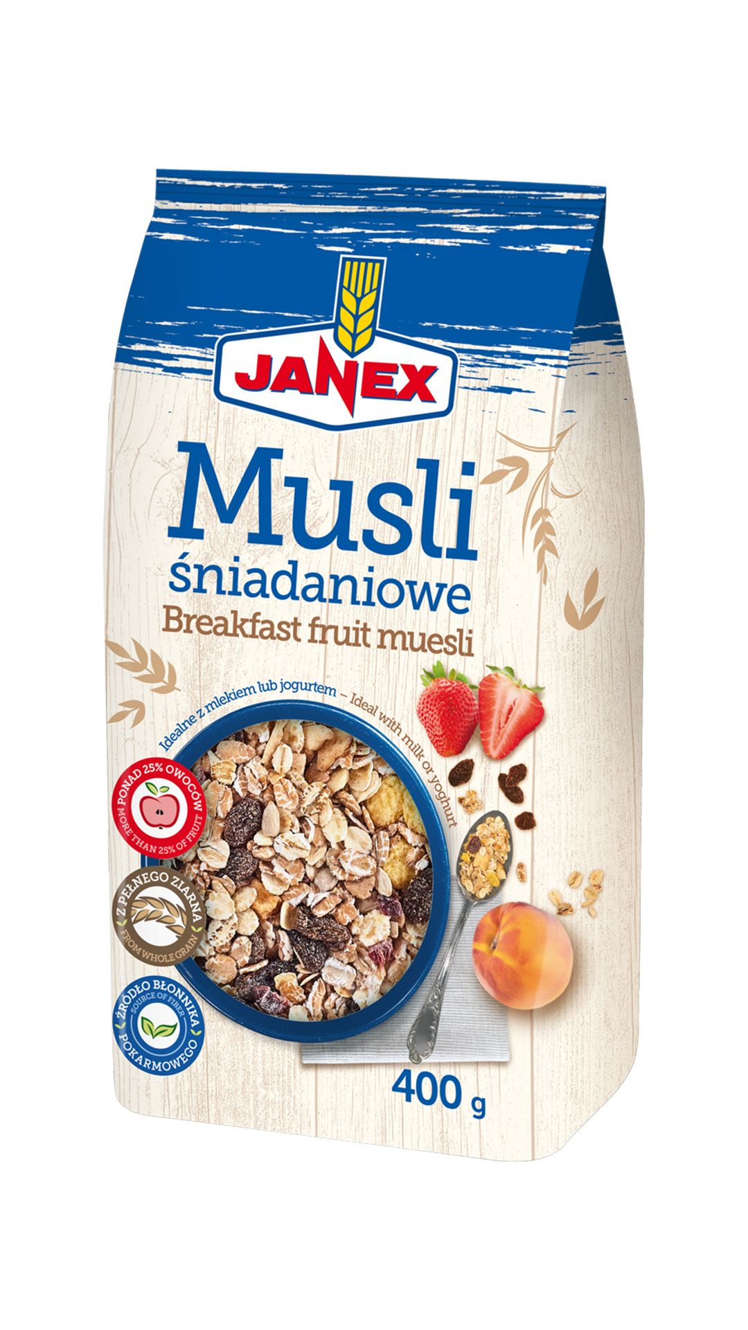 Janex Musli śniadaniowe Breakfast fruit muesli w opakowaniu 400 g z owocami, truskawkami i brzoskwinią, z certyfikatami jakości i zdrowego ziarna.