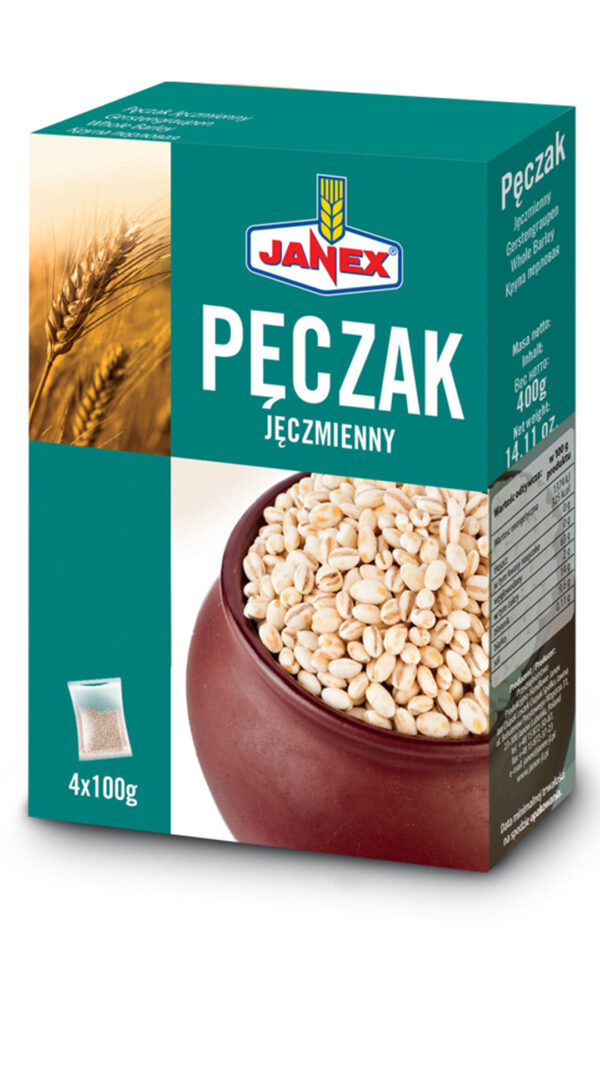 Janex Pęczak jęczmienny w opakowaniu 400 g (4 x 100 g) całe ziarno jęczmienia w torebkach, na zielonym tle z ilustracją kłosa i miski z pęczakiem.