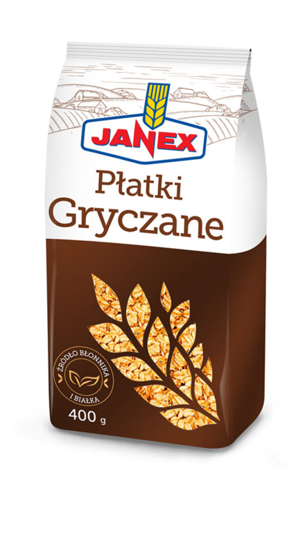 Janex Płatki Gryczane 400 g, opakowanie z brązowo-białym designem, źródło błonnika i białka, z ilustracją kłosa z płatków gryczanych.