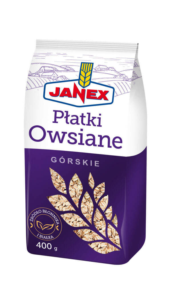 Janex Płatki Owsiane Górskie 400g, płatki owsiane górskie w opakowaniu, produkt polski, źródło błonnika pokarmowego, czas przygotowania 3-4 minuty, dobre na śniadanie.