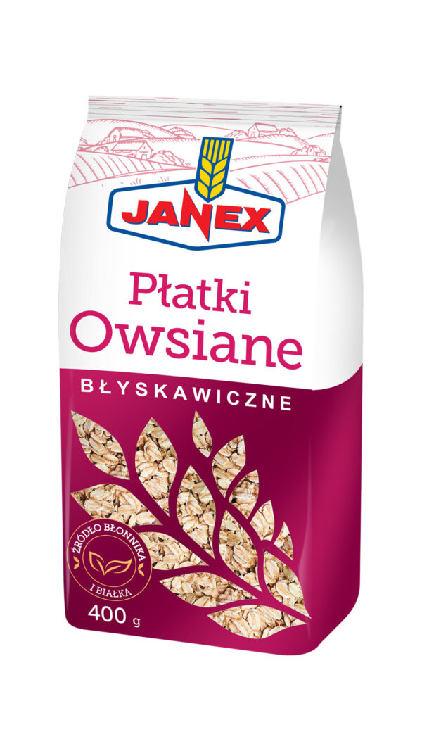 Janex płatki owsiane błyskawiczne 400 g, instant, źródło błonnika pokarmowego, produkt polski, opakowanie różowo-granatowe, dobre na śniadanie.