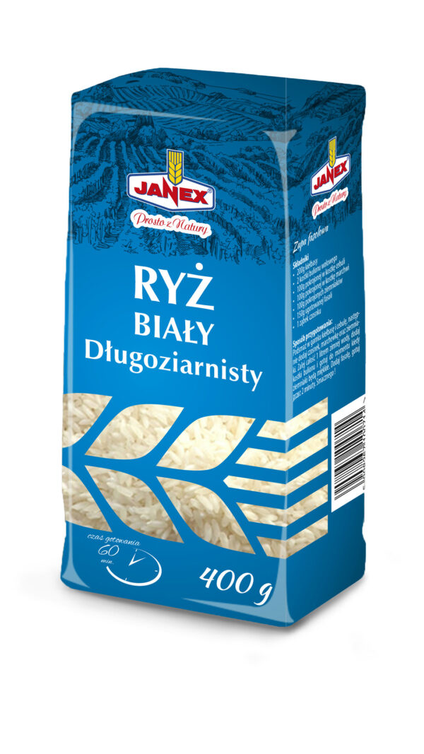 Ryż biały długoziarnisty Janex w niebieskim opakowaniu 400 g, czas gotowania 60 minut, z widocznym logo marki i grafiką pola.