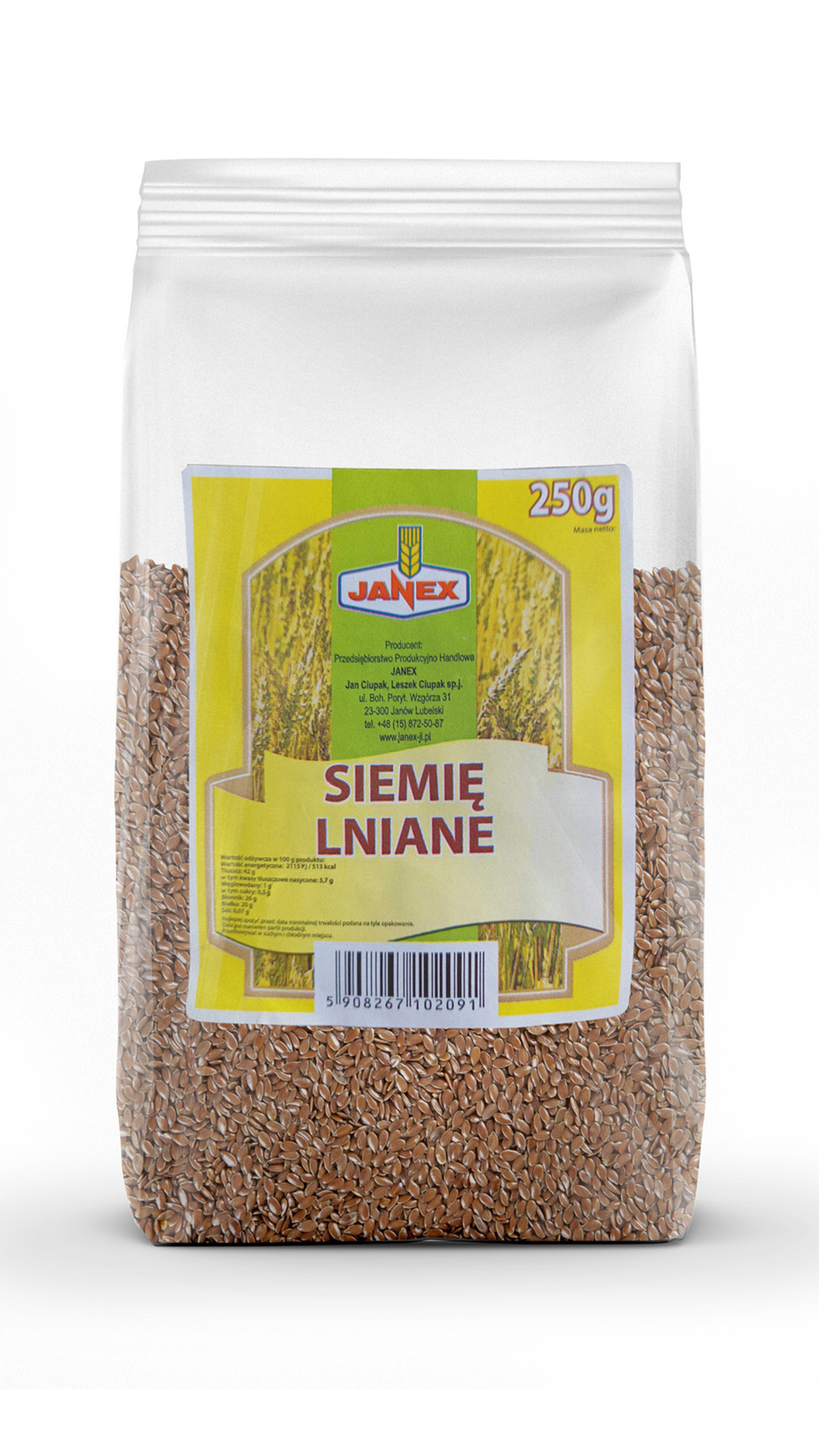 Janex siemię lniane w przezroczystym opakowaniu 250 g z żółtą etykietą i zdjęciem łanu lnu, produkt zbożowy.