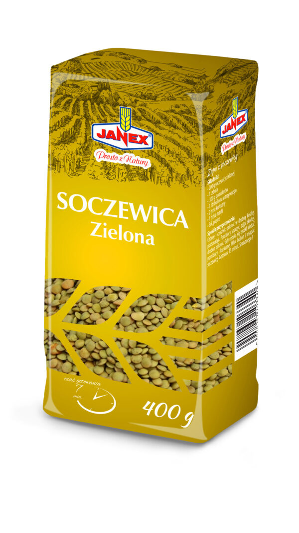 Janex Soczewica Zielona w opakowaniu 500 g, zielona soczewica, czas gotowania 15 minut.