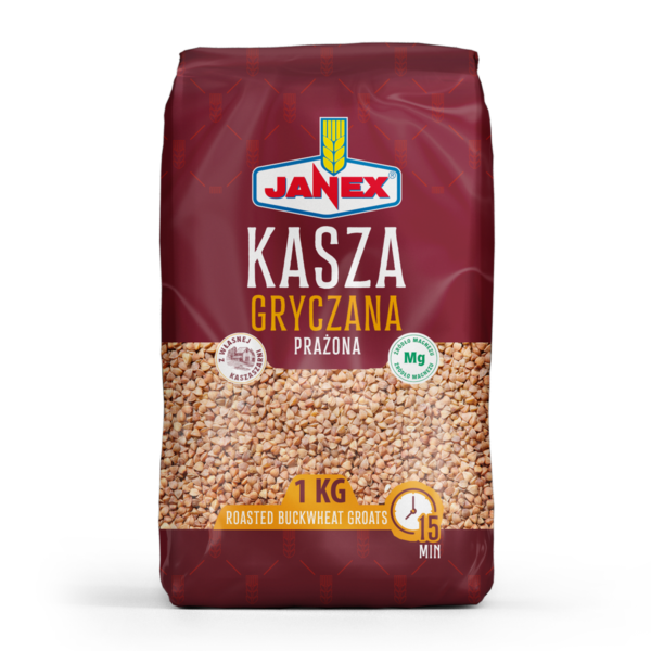 Janex kasza gryczana prażona 1 kg, polski produkt, źródło magnezu i błonnika pokarmowego, opakowanie z wizerunkiem kaszy w misce, czas gotowania 15 minut.