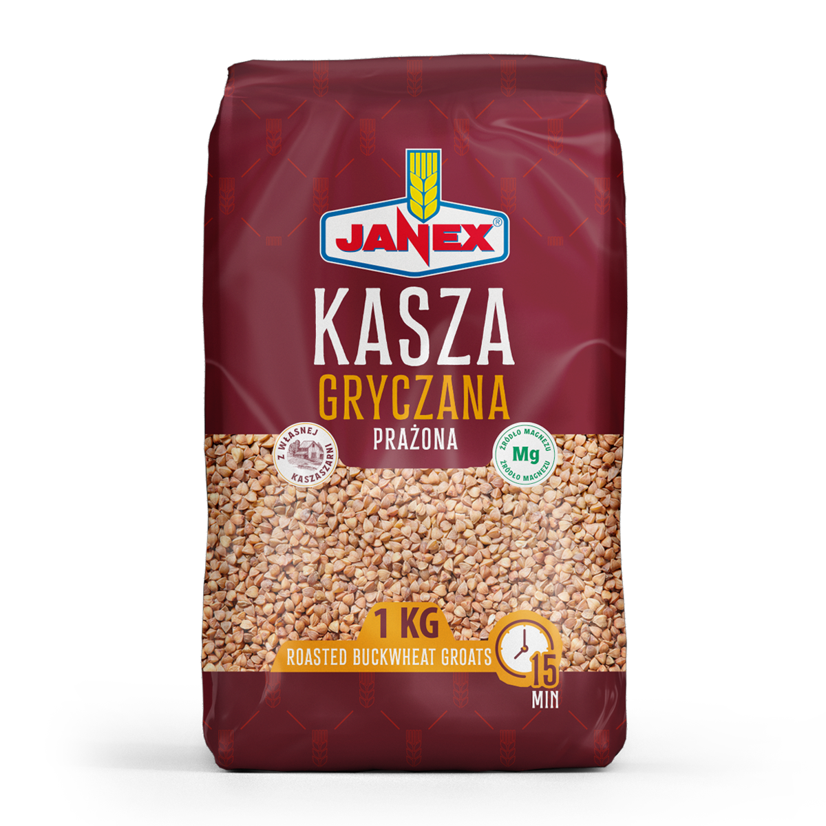 Janex kasza gryczana prażona 1 kg, polski produkt, źródło magnezu i błonnika pokarmowego, opakowanie z wizerunkiem kaszy w misce, czas gotowania 15 minut.