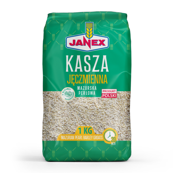 Janex Kasza Jęczmienna Mazurska Perłowa 1 kg, kasza jęczmienna perłowa w zielonym opakowaniu, produkt polski, czas gotowania 20 minut.