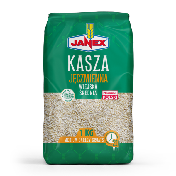 Janex kasza jęczmienna wiejska średnia w opakowaniu 1 kg, czas gotowania 20 minut, produkt polski, medium barley groats.