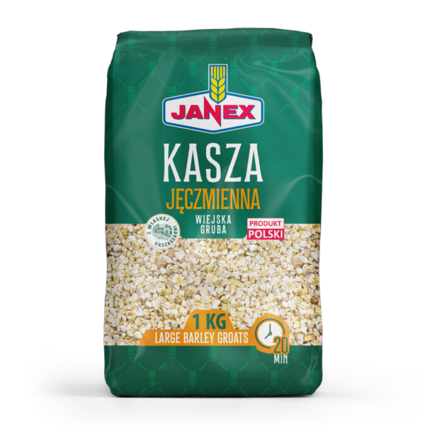 Janex Kasza Jęczmienna Wiejska Gruba 1 kg polski produkt, kasza jęczmienna gruba w opakowaniu, źródło błonnika pokarmowego, czas gotowania 20 minut, naturalny produkt.