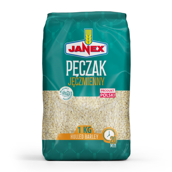 Janex Pęczak jęczmienny hulled barley 1 kg, opakowanie foliowe, produkt polski, czas gotowania 20 minut, z własnej kaszarni.