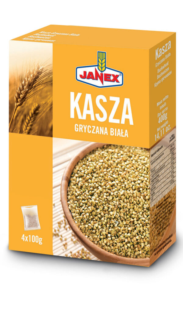 Janex Kasza Gryczana Biała 4x100g w opakowaniu kartonowym, nieprażona kasza gryczana, naturalne źródło błonnika, produkt polski, czas gotowania 15 minut.